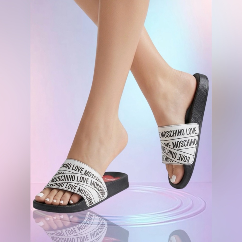 🆕Love Moschino Black, White & Red Logo Strap Slide Sandals